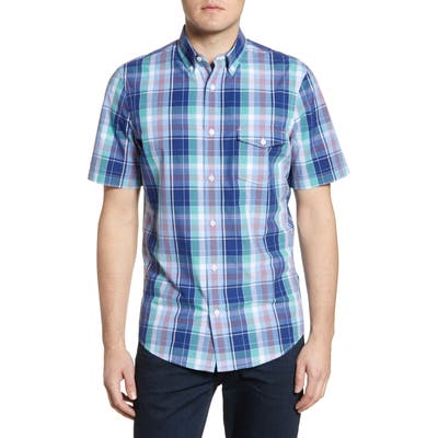 Nordstrom Mens Shop Regular Fit Plaid Short Sleeve Button-Down Linen Blend Shirt, Blue