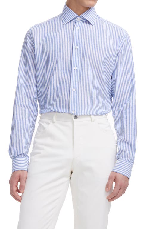 Jack Victor Abbott Stripe Linen & Cotton Dress Shirt in Blue /White