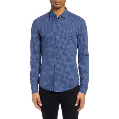 Boss Robbie Regular Fit Dot Print Button-Up Performance Shirt, Green