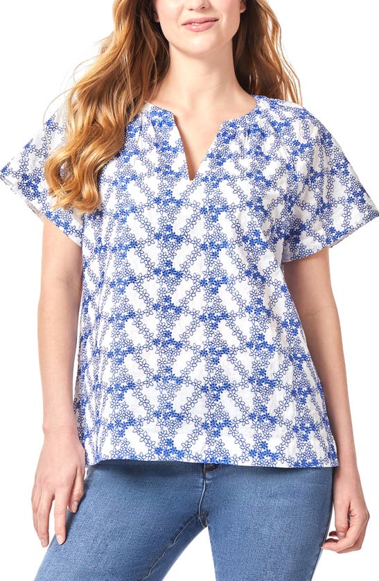 JONES NEW YORK FLORAL EMBROIDERED COTTON POPOVER TOP