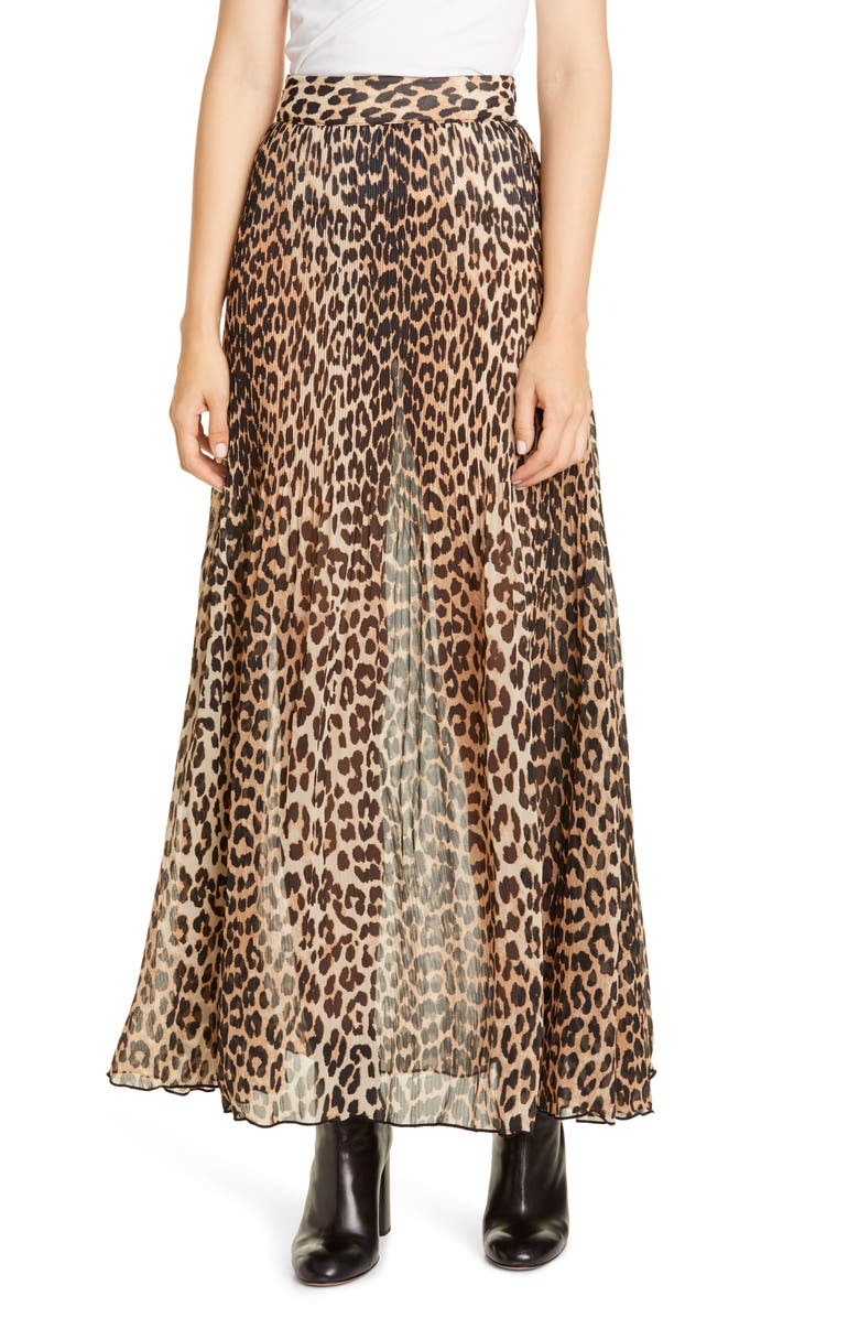 Ganni Leopard Print Sheer Pleated Georgette Maxi Skirt | Nordstrom