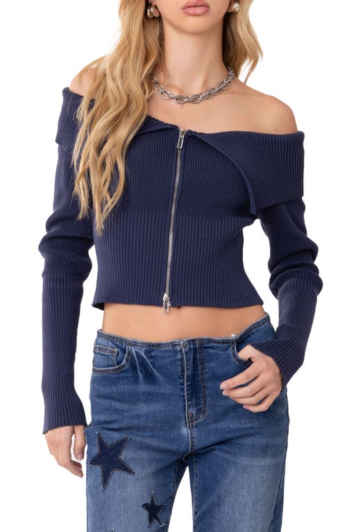 EDIKTED Double Zip Fold Over Off the Shoulder Crop Sweater Blue at Nordstrom,