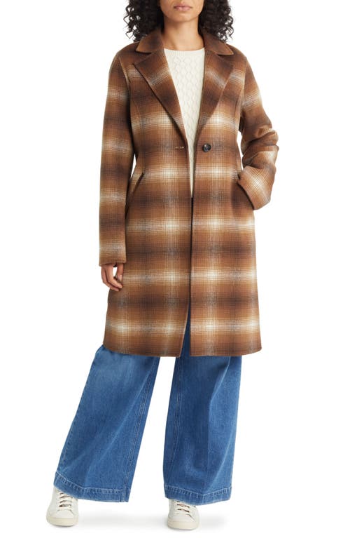 Notched Collar Longline Wool Blend Coat in Dk Camel Combo Plaid