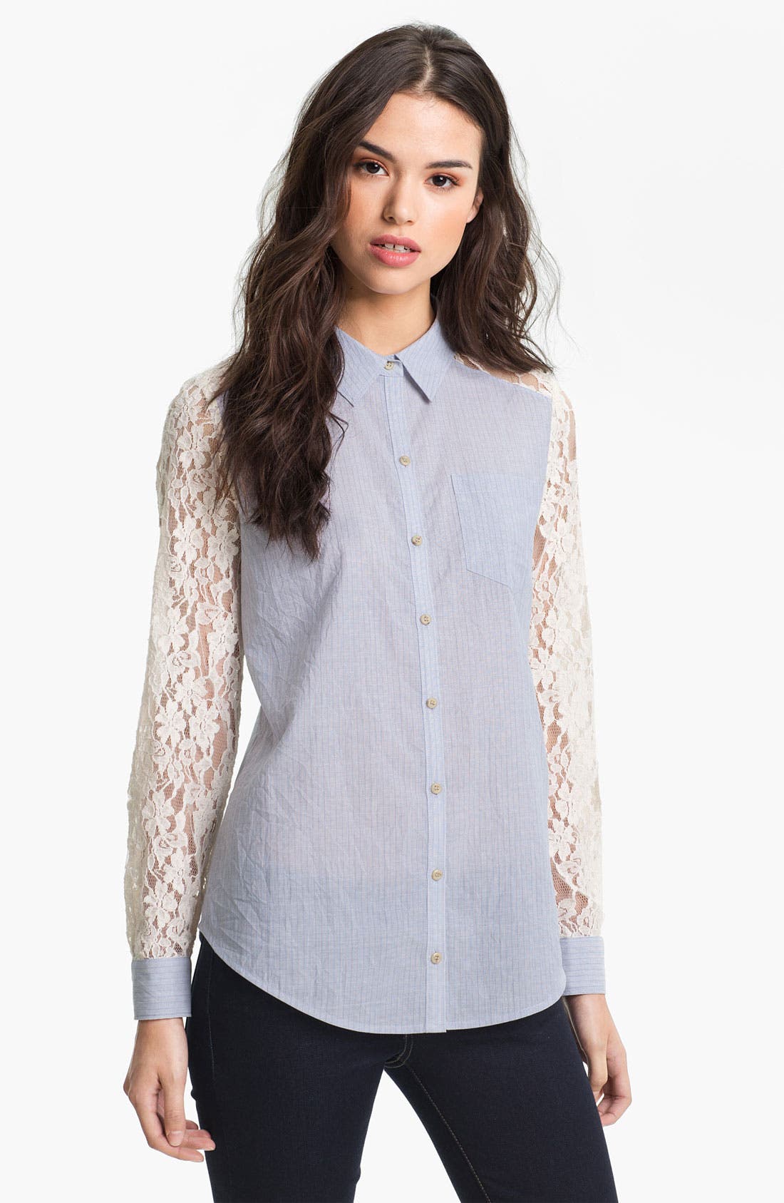 Hinge® Mixed Media Lace Sleeve Shirt Nordstrom