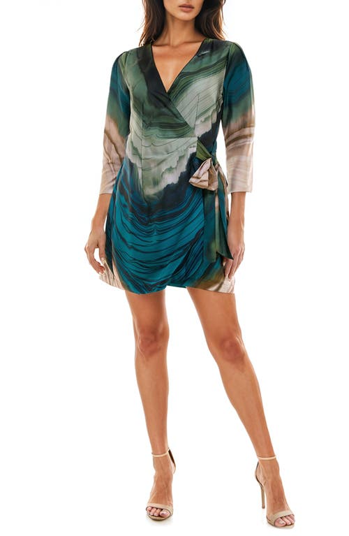 Shop Socialite Stripe Long Sleeve Satin Wrap Dress In Olive/teal