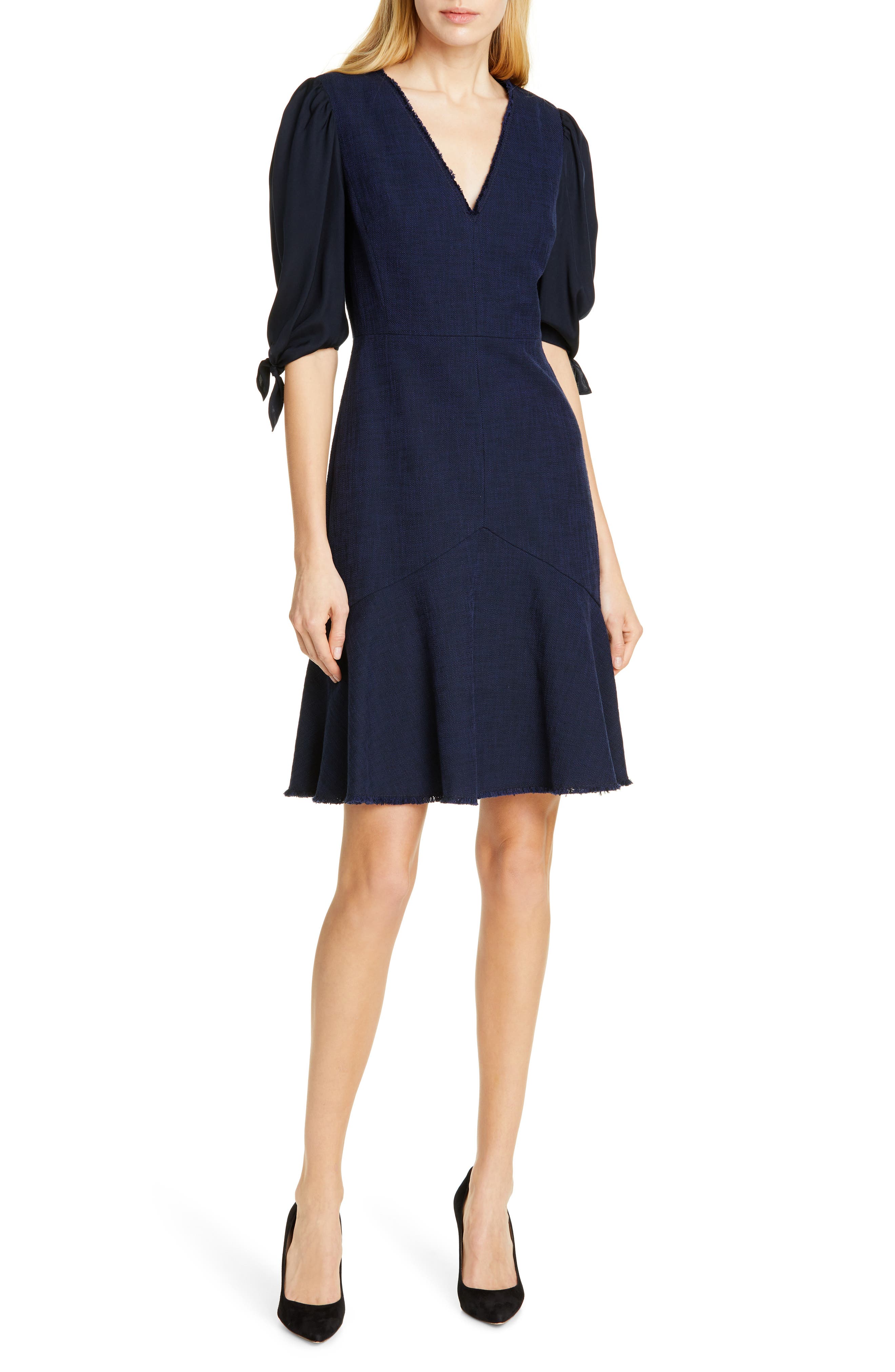 Tailored By Rebecca Taylor Tie Sleeve Mix Media Dress, Blue
