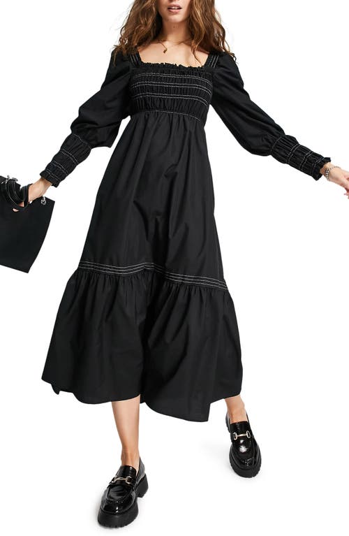 Topshop Smocked Long Sleeve Midi Dress in Black