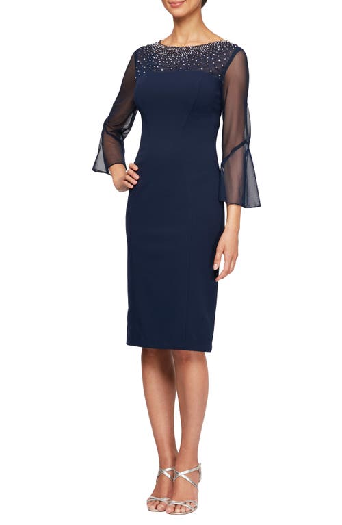 Alex Evenings Embellished Short Sheath Cocktail Dress in Navy/Silver