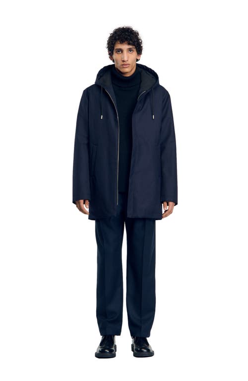 Sandro Hooded Parka With Zip In Navy Blue