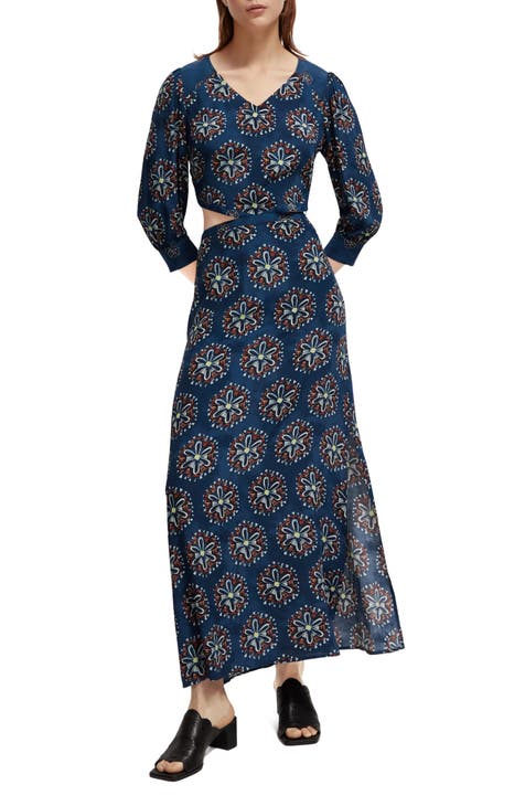 Floral Long Sleeve Cutout Waist Maxi Dress