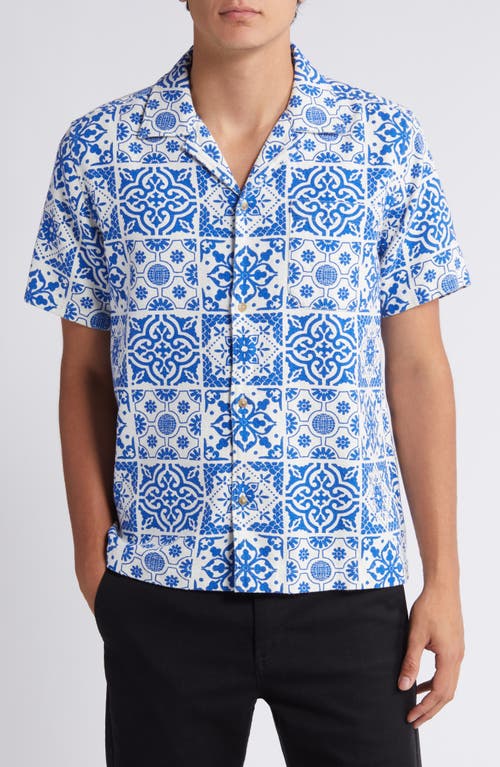 Shop Les Deux Tile Print Cotton Camp Shirt In Light Ivory/surf Blue