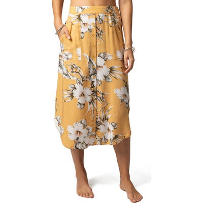 Rip Curl Island Life Floral Print Midi Skirt, Yellow