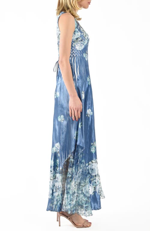 Shop Komarov Lace-up Back Charmeuse Dress In Sapphire Blue Roses