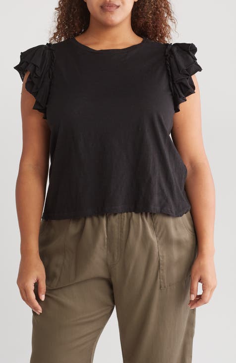 Double Flutter Ruffle Sleeve Pima Cotton T-Shirt (Plus)