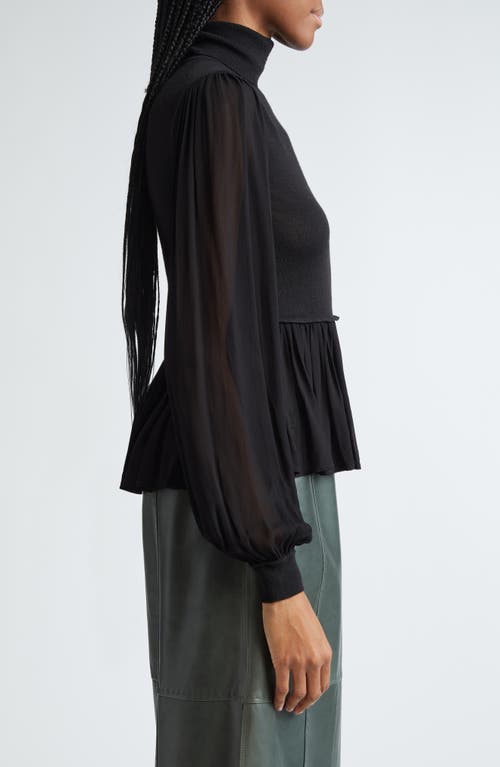 Shop Ulla Johnson Liana Mix Media Balloon Sleeve Peplum Turtleneck In Noir