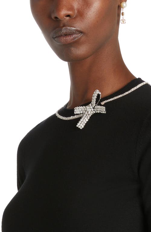 Shop Valentino Garavani Crystal Bow Short Sleeve Virgin Wool Crewneck Sweater In Nero/silver