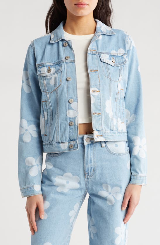 Flying Angel Floral Print Denim Jacket In Blue