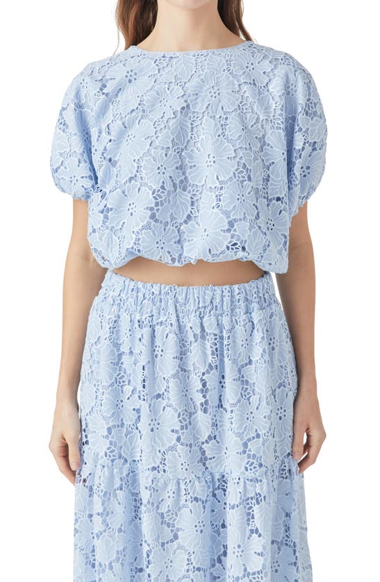 Shop Endless Rose Sequin Lace Voluminous Crop Top In Powder Blue