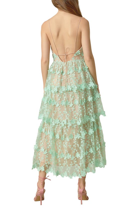 Shop Endless Rose Floral Embroidered Tiered Lace Midi Dress In Green