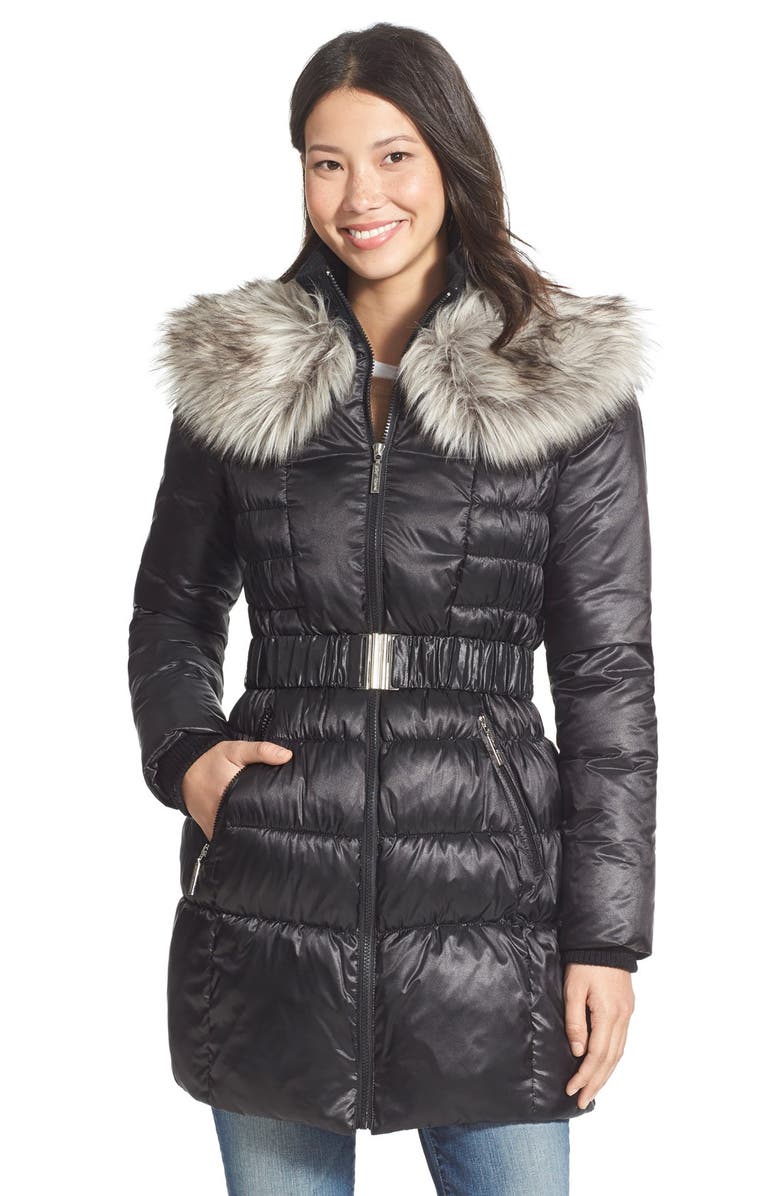 Betsey Johnson Faux Fur Collar Belted Quilted Coat | Nordstrom