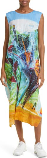 Pleats Please Issey Miyake Tropical Winter Print Sleeveless Midi