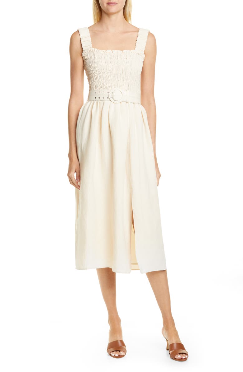 NICHOLAS Smocked Silk & Linen Apron Midi Dress | Nordstrom