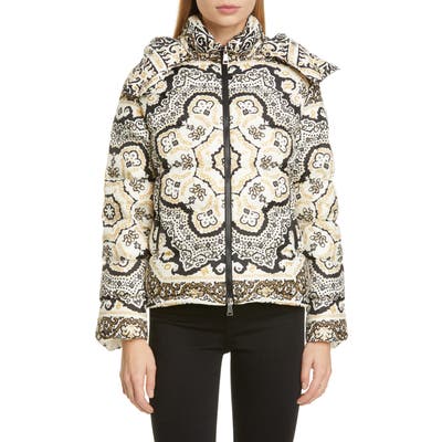 Moncler Turquin Bandana Print Down Puffer Coat, (fits like 0-2 US) - Black