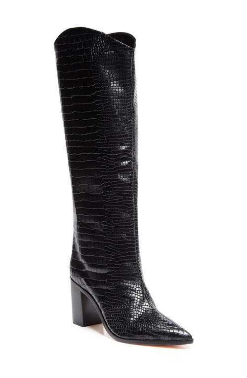 Maryana Pointed Toe Block Heel Knee High Boot in Black/Black Snake Embossed