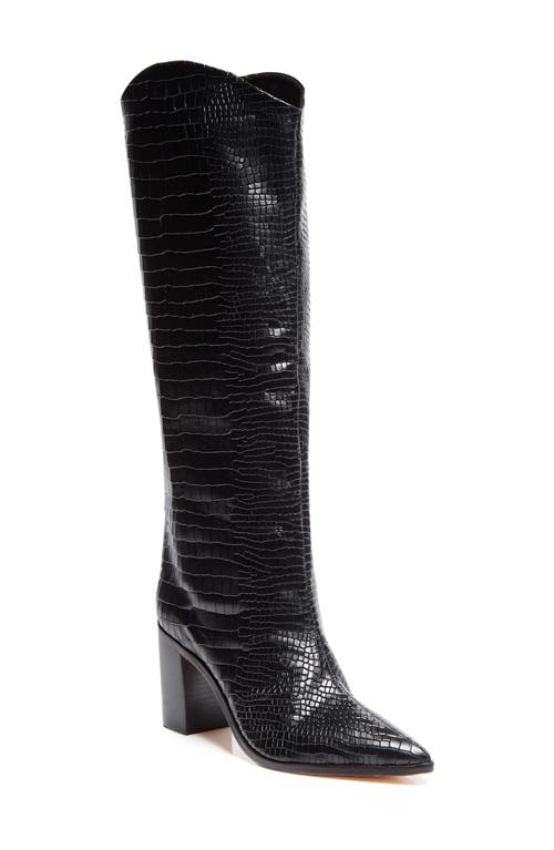 Schutz Maryana Pointed Toe Block Heel Knee High Boot In Black/black Snake Embossed