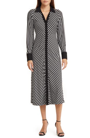 Shop Zoe And Claire Stripe Long Sleeve Midi Shirtdress In Black/white