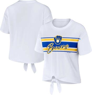 Women's WEAR by Erin Andrews White Milwaukee Brewers Celebration Cropped  Long Sleeve T-Shirt