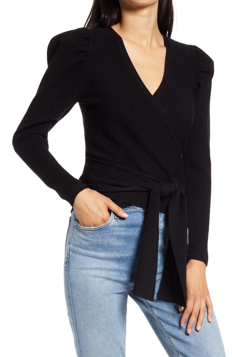 WAYF Pippa Puff Sleeve Wrap Top, Main, color, BLACK