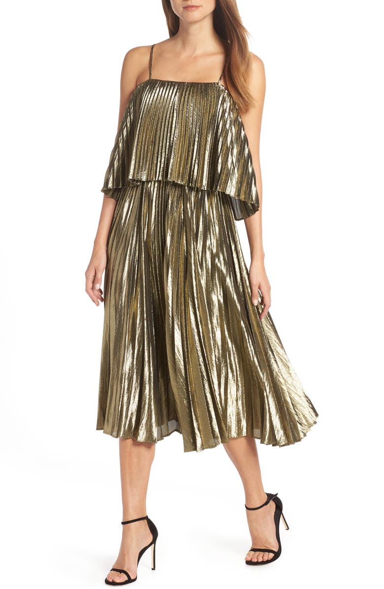 J Crew Collection Gold Lame Pleated Midi Dress Nordstrom