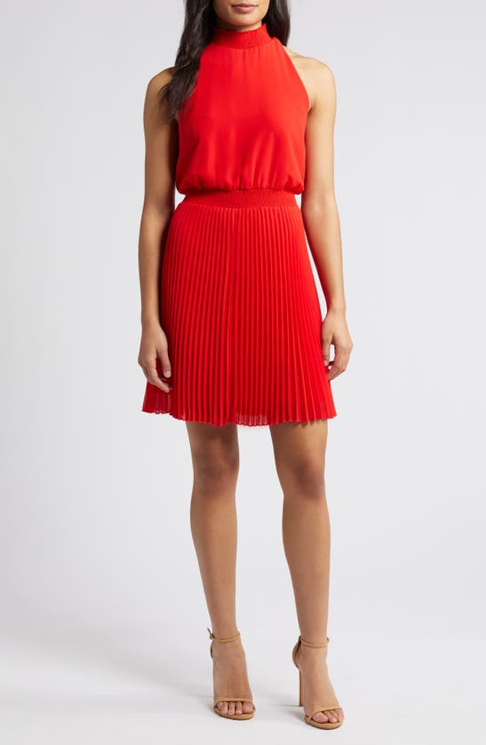 Shop Sam Edelman Mock Neck Plissé Skirt Minidress In Coral