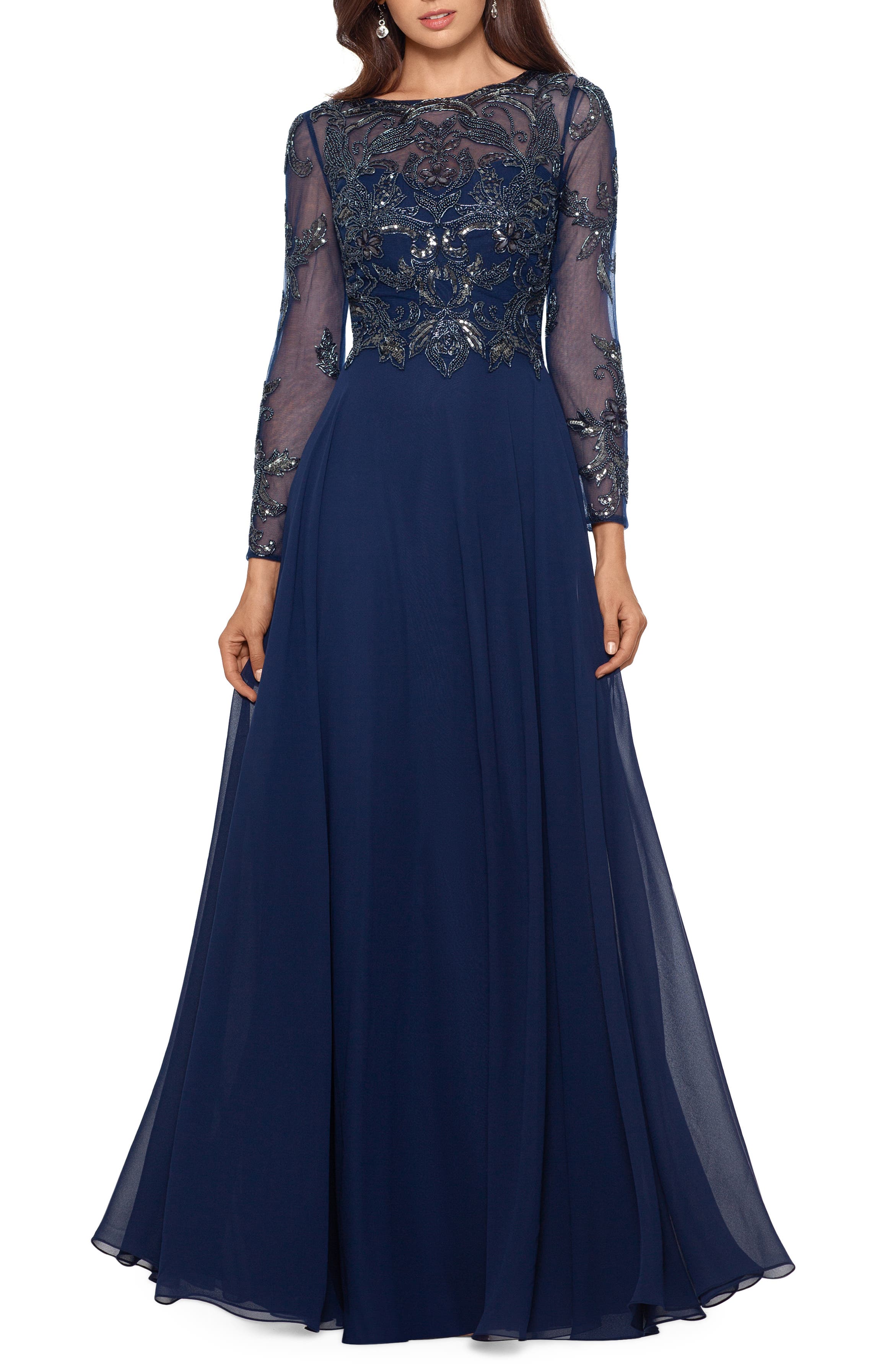 Xscape Long Sleeve Beaded Chiffon Gown | Nordstrom