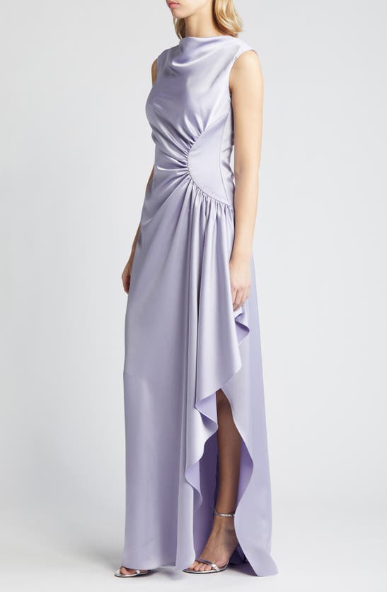 Shop Amsale Half Moon Asymmetric Hem Satin Gown In Lilac