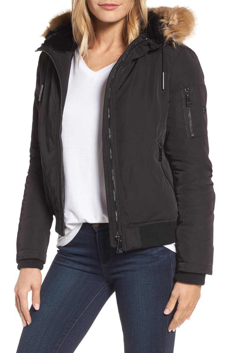 Calvin Klein Hooded Bomber Jacket with Faux Fur Trim | Nordstrom