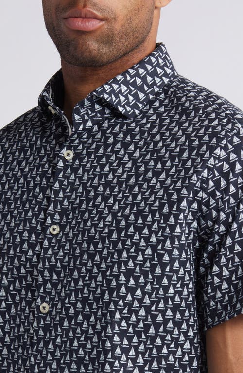 Stone Rose Sailboat Print Short Sleeve Stretch Cotton & Lyocell Button-up Shirt In Navy