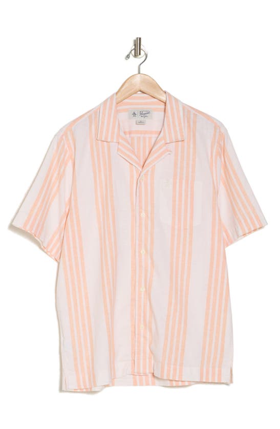 Shop Original Penguin Stripe Linen & Cotton Camp Shirt In Mock Orange