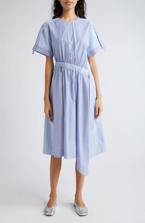 Mixed Stripe Asymmetric Cotton Midi Dress