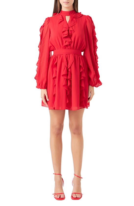 Shop Endless Rose Ruffle Detail Long Sleeve Chiffon Minidress In Red