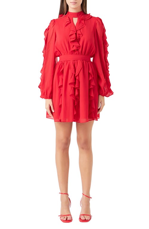 Endless Rose Ruffle Detail Long Sleeve Chiffon Minidress Red at Nordstrom,