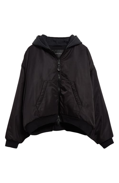 Shop Balenciaga Hooded Nylon Bomber Jacket In Black