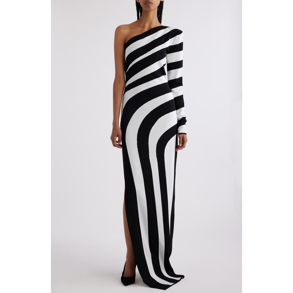 Balmain One-shoulder Striped Gown In Eab Black/white