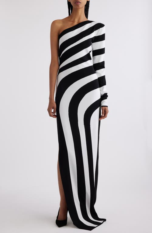 Shop Balmain Stripe One-shoulder Maxi Dress In Eab Black/white