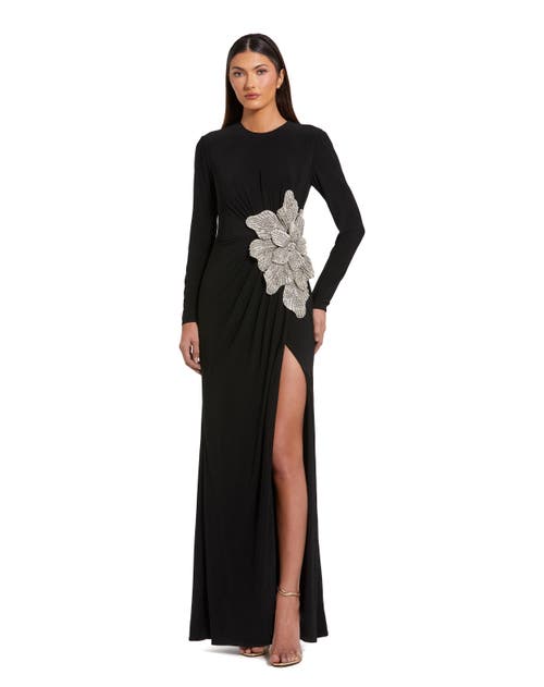 Mac Duggal Thigh High Slit Embellished Flower Detail Jersey Gown In Black