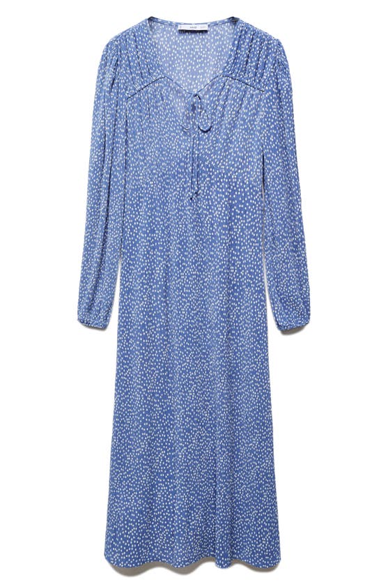 Mango Dot Split Neck Long Sleeve Dress In Blue