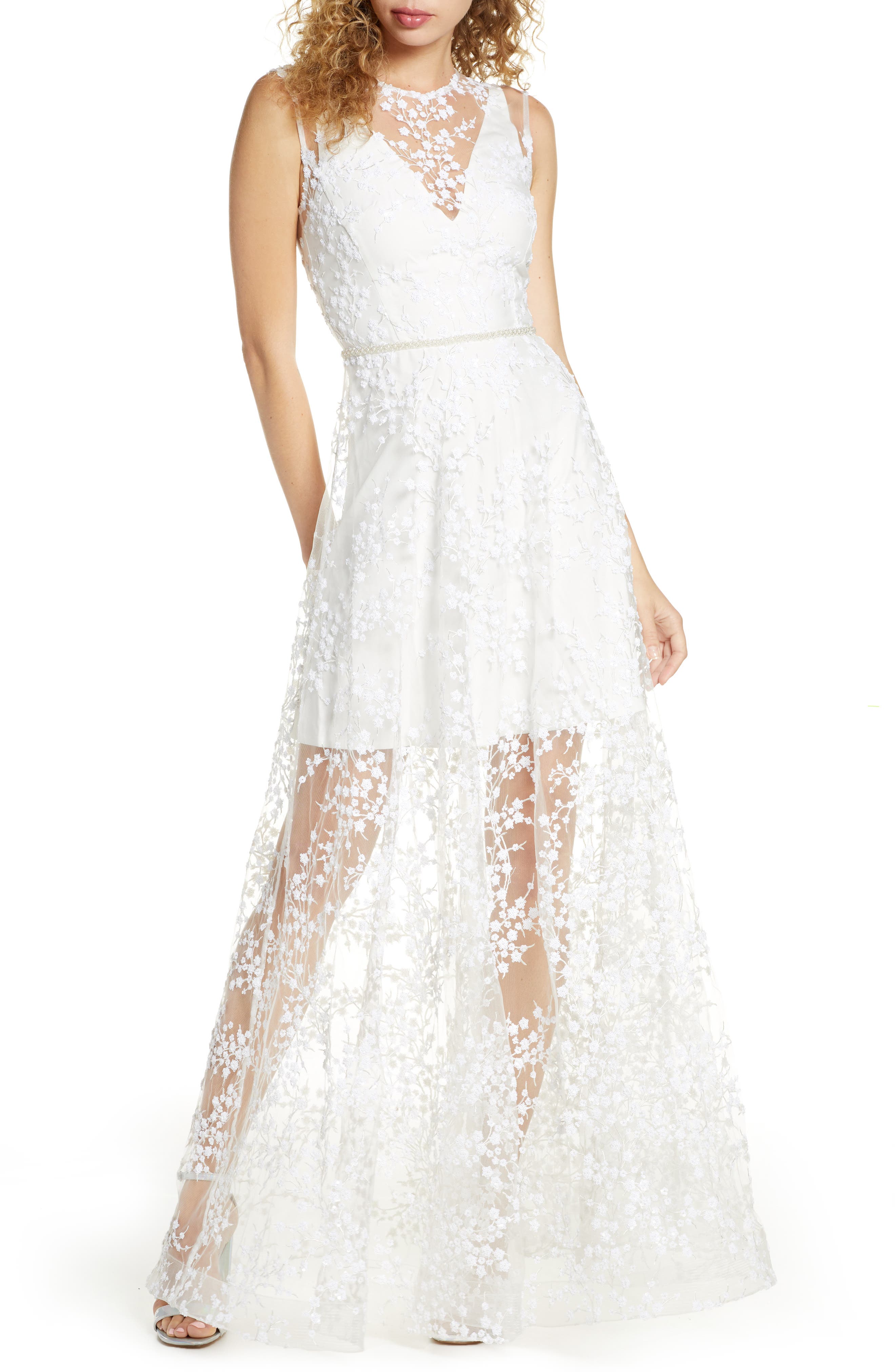 Bronx And Banco Olympia Blanc Sequin Floral Overlay Gown, White