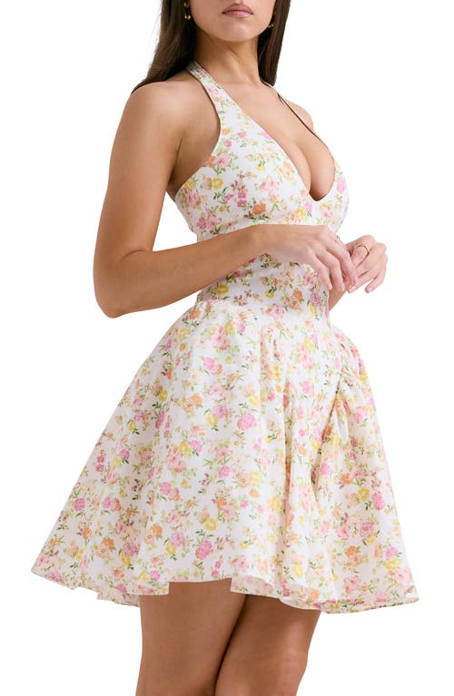 House Of Cb Valentia Plunge Halter Neck Stretch Cotton Minidress In Floral Print
