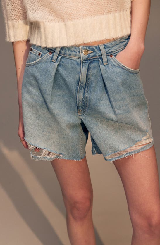 Shop Topshop Pleated Denim Shorts In Light Blue